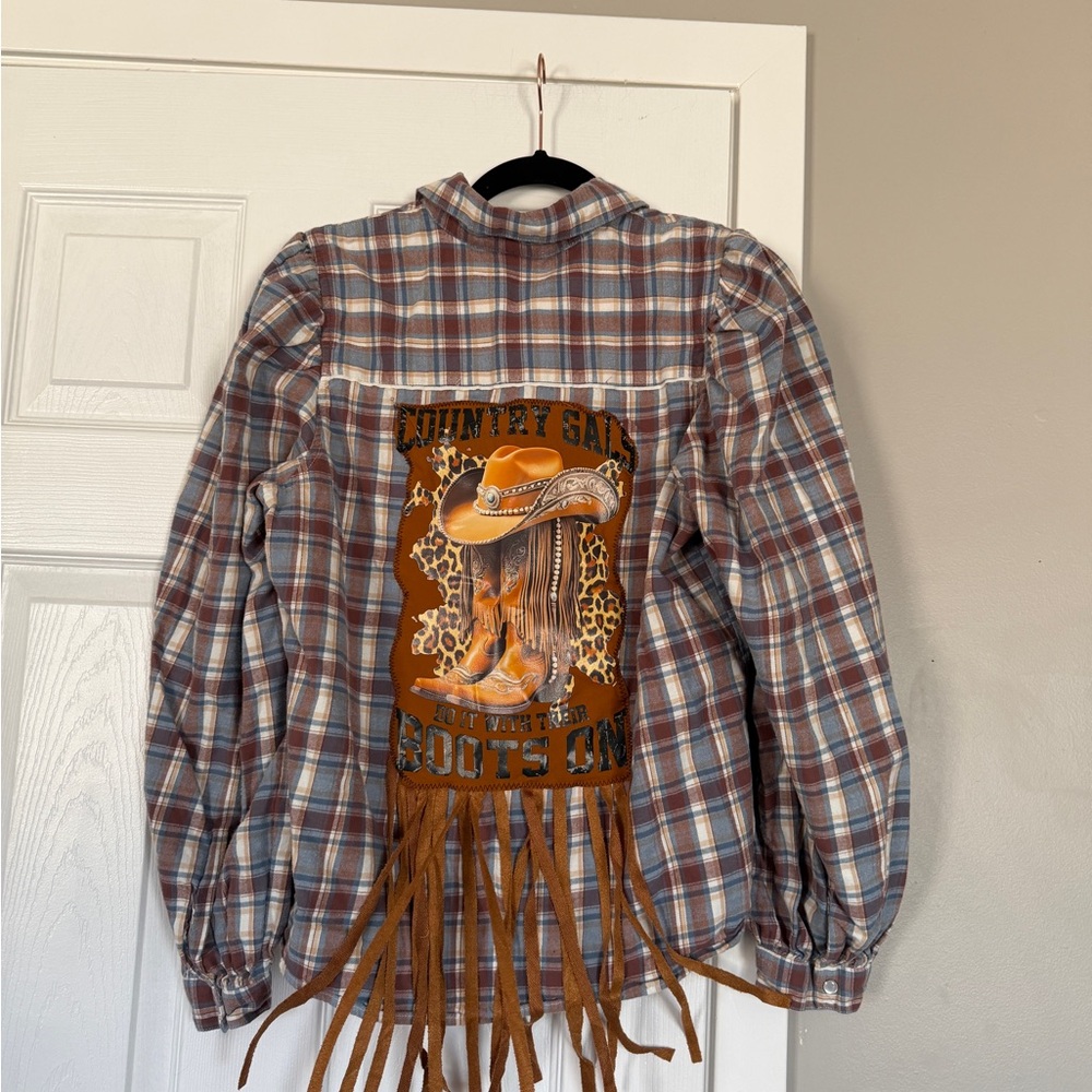 a.n.a Reworked Upcycled Plaid Fringe Western Brown Plaid Button Shirt Top Custom